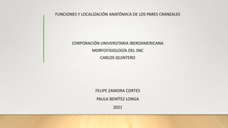FUNCIONES Y LOCALIZACIÓN ANATÓMICA DE LOS PARES CRANEALES
CORPORACIÓN UNIVERSITARIA IBEROAMERICANA
MORFOFISIOLOGÍA DEL SNC
CARLOS QUINTERO
FELIPE ZAMORA CORTES
PAULA BENÍTEZ LONGA
2021
 