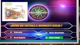 ¿NERVIO QUE CONTROLA EL MOVIMIENTO OCULAR ?
A ) Óculo motor
B ) Nervio hipogloso
C ) Nervio glosofaringeo
D ) Nervio troclear
 