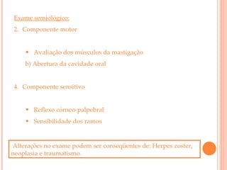 Exame semiológico: Componente motor  Avaliação dos músculos da mastigação b) Abertura da cavidade oral Componente sensitivo  Reflexo córneo-palpebral Sensibilidade dos ramos Alterações no exame podem ser conseqüentes de: Herpes zoster, neoplasia e traumatismo. 