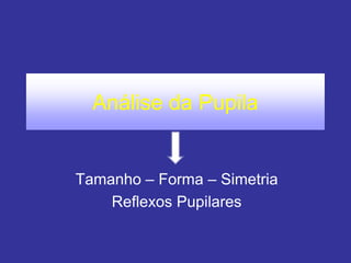 Análise da Pupila 
Tamanho – Forma – Simetria 
Reflexos Pupilares 
 