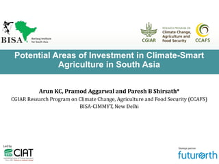 Potential Areas of Investment in Climate-Smart
Agriculture in South Asia
Arun KC, Pramod Aggarwal and Paresh B Shirsath*
CGIAR Research Program on Climate Change, Agriculture and Food Security (CCAFS)
BISA-CIMMYT, New Delhi
 