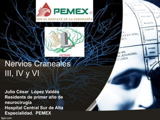 Nervios Craneales
III, IV y VI
Julio César López Valdés
Residente de primer año de
neurocirugía
Hospital Central Sur de Alta
Especialidad. PEMEX
 