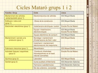 Cicles Mataró grups 1 i 2
Família i Grup                        Cicle                                Llocs
Manteniment de vehicles               Electromecànica de vehicles          IES Miquel Biada
autopropulsats (grup 1)
Edificació i obra civil               Obres de la construcció              IES Miquel Biada
(grup 1)
Electricitat i electrònica (grup 1)   Instal·lacions elèctriques i autom   Escola Pia de Mataró
                                      Equips i instal·lacions              IES Miquel Biada
                                      electrotècniques                     Escola Pia de Mataró
                                      Equips electrònics de consum         IES Miquel Biada
Manteniment i serveis a la            Muntatge i manteniment               IES Miquel Biada
    producció (grup 1)                d'instal·lacions de fred i calor
                                      Instal·lació i manteniment
                                      electromecànic de maquinària...
Fabricació mecànica (grup 1)          Mecanització                         IES Miquel Biada
Activitats físiques i esportives       Conducció d'activitats              Escola Pia de Mataró
     (grup 2)                         físicoesportives en el medi
                                      natural (concertat)
Química (grup 2)                      Laboratori                           IES Miquel Biada
Sanitat (grup 2)                      Cures auxiliars d'infermeria         IES Alexandre Satorras
                                      Farmàcia (i parafarmàcia)            IES Alexandre Satorras
                                      Els dos anteriors, concertats        Freta
 