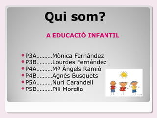 Qui som?
       A EDUCACIÓ INFANTIL


P3A……….Mònica Fernández
P3B……….Lourdes Fernández
P4A……….Mª Àngels Ramió
P4B……….Agnès Busquets
P5A……….Nuri Carandell
P5B……….Pili Morella
 