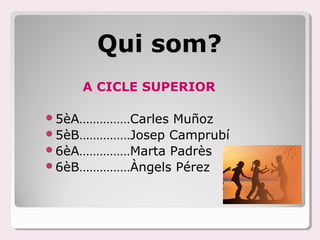 Qui som?
    A CICLE SUPERIOR

5èA……………CarlesMuñoz
5èB……………Josep Camprubí
6èA……………Marta Padrès
6èB……………Àngels Pérez
 