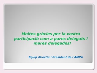 Moltes gràcies per la vostra
participació com a pares delegats i
         mares delegades!


      Equip directiu i President de l’AMPA
 