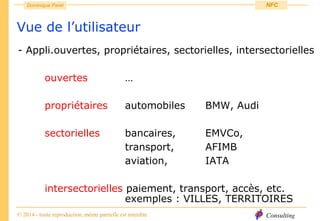 Consulting
Dominique Paret
© 2014 - toute reproduction, même partielle est interdite
NFC
Vue de l’utilisateur
- Appli.ouvertes, propriétaires, sectorielles, intersectorielles
ouvertes …
propriétaires automobiles BMW, Audi
sectorielles bancaires, EMVCo,
transport, AFIMB
aviation, IATA
intersectorielles paiement, transport, accès, etc.
exemples : VILLES, TERRITOIRES
 