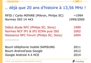 Consulting
Dominique Paret
© 2014 - toute reproduction, même partielle est interdite
NFC
… déjà que 20 ans d’histoire à 13,56 MHz !
RFID / Carte MIFARE (Mikron, Philips SC) ~1994
Normes ISO 14 443 1999/2000
Début étude NFC (Philips SC, Sony) 1999
Normes NCF IP1 & IP2 ECMA puis ISO 2002
Naissance NFC Forum (Philips SC, Sony) 2004
………………
Boum téléphonie mobile SAMSUNG 2011
Boum Android’ssss Google 2012
Google Android 4.4 HCE 2014
 