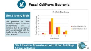 Fecal ColiForm Bacteria
Site 2 is very high
The presence of fecal
coliform bacteria in aquatic
environments site 2
indicates that the water has
been contaminated with the
fecal material of humans or
other animals.
Site 2 location, Downstream with Urban Buildings
& Farm Activities 18
 