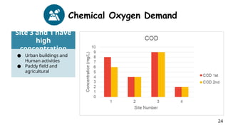 Chemical Oxygen Demand
Site 3 and 1 have
high
concentration
● Urban buildings and
Human activities
● Paddy field and
agricultural
24
 