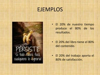 EJEMPLOS
• El 20% de nuestro tiempo
produce el 80% de los
resultados.
• El 20% del libro tiene el 80%
del contenido.
• El 20% del trabajo aporta el
80% de satisfacción.
 