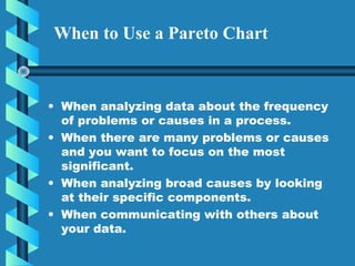 • When analyzing data about the frequency
of problems or causes in a process.
• When there are many problems or causes
and you want to focus on the most
significant.
• When analyzing broad causes by looking
at their specific components.
• When communicating with others about
your data.
When to Use a Pareto Chart
 