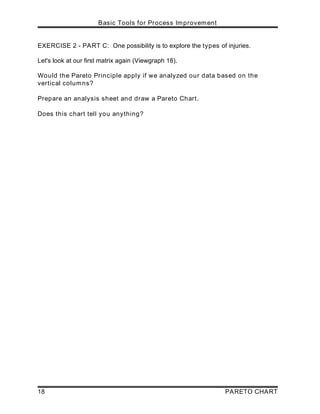 Basic Tools for Process Improvement
18 PARETO CHART
EXERCISE 2 - PART C: One possibility is to explore the types of injuries.
Let's look at our first matrix again (Viewgraph 18).
Would the Pareto Principle apply if we analyzed our data based on the
vertical columns?
Prepare an analysis sheet and draw a Pareto Chart.
Does this chart tell you anything?
 