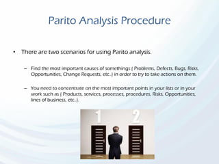 Parito Analysis Procedure
• There are two scenarios for using Parito analysis.
– Find the most important causes of somethings ( Problems, Defects, Bugs, Risks,
Opportunities, Change Requests, etc..) in order to try to take actions on them.
– You need to concentrate on the most important points in your lists or in your
work such as ( Products, services, processes, procedures, Risks, Opportunities,
lines of business, etc..).
 