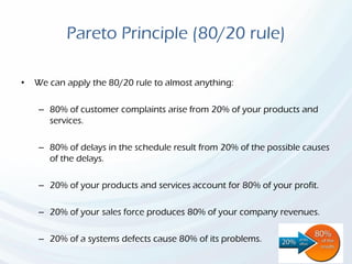 Pareto Principle (80/20 rule)
• We can apply the 80/20 rule to almost anything:
– 80% of customer complaints arise from 20% of your products and
services.
– 80% of delays in the schedule result from 20% of the possible causes
of the delays.
– 20% of your products and services account for 80% of your profit.
– 20% of your sales force produces 80% of your company revenues.
– 20% of a systems defects cause 80% of its problems.
 