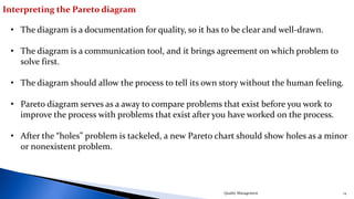 Quality Management 14
Interpreting the Pareto diagram
• The diagram is a documentation for quality, so it has to be clear and well-drawn.
• The diagram is a communication tool, and it brings agreement on which problem to
solve first.
• The diagram should allow the process to tell its own story without the human feeling.
• Pareto diagram serves as a away to compare problems that exist before you work to
improve the process with problems that exist after you have worked on the process.
• After the “holes” problem is tackeled, a new Pareto chart should show holes as a minor
or nonexistent problem.
 