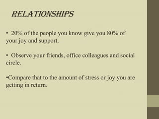 Relationships
• 20% of the people you know give you 80% of
your joy and support.

• Observe your friends, office colleagues and social
circle.

•Compare that to the amount of stress or joy you are
getting in return.
 