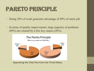 Pareto Principle
• Doing 20% of work generates advantage of 80% of entire job

• In terms of quality improvement, large majority of problems
  (80%) are created by a few key causes (20%).




     Separating the Vital Few from the Trivial Many
 