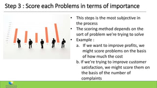 Step 3 : Score each Problems in terms of importance
• This steps is the most subjective in
the process
• The scoring method depends on the
sort of problem we're trying to solve
• Example :
a. If we want to improve profits, we
might score problems on the basis
of how much the cost
b. If we're trying to improve customer
satisfaction, we might score them on
the basis of the number of
complaints
 