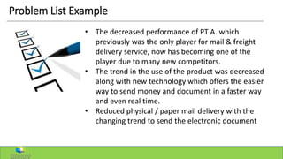 Problem List Example
• The decreased performance of PT A. which
previously was the only player for mail & freight
delivery service, now has becoming one of the
player due to many new competitors.
• The trend in the use of the product was decreased
along with new technology which offers the easier
way to send money and document in a faster way
and even real time.
• Reduced physical / paper mail delivery with the
changing trend to send the electronic document
 