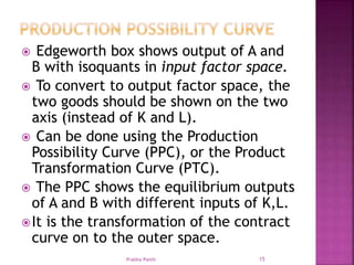  Edgeworth box shows output of A and
B with isoquants in input factor space.
 To convert to output factor space, the
two goods should be shown on the two
axis (instead of K and L).
 Can be done using the Production
Possibility Curve (PPC), or the Product
Transformation Curve (PTC).
 The PPC shows the equilibrium outputs
of A and B with different inputs of K,L.
It is the transformation of the contract
curve on to the outer space.
Prabha Panth 15
 