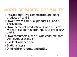  Assume that two commodities are being
produced A and B.
 Two firms M and N. M produces A, and N
produces B.
 Two factors of production, K and L. Firms
M and N use both factor inputs to produce A
and B.
 Two consumers X and Y, who consume both
commodities A and B.
 Perfect competition,
 Static analysis,
 Diminishing returns, and utility
Prabha Panth 8
 