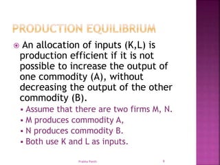  An allocation of inputs (K,L) is
production efficient if it is not
possible to increase the output of
one commodity (A), without
decreasing the output of the other
commodity (B).
 Assume that there are two firms M, N.
 M produces commodity A,
 N produces commodity B.
 Both use K and L as inputs.
Prabha Panth 9
 