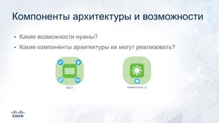 • Какие возможности нужны?
• Какие компоненты архитектуры их могут реализовать?
Компоненты архитектуры и возможности
Коммутатор L3МСЭ
 