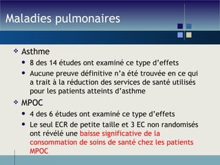 Maladies pulmonaires Asthme 8 des 14 études ont examiné ce type d’effets Aucune preuve définitive n’a été trouvée en ce qui a trait à la réduction des services de santé utilisés pour les patients atteints d’asthme MPOC 4 des 6 études ont examiné ce type d’effets Le seul ECR de petite taille et 3 EC non randomisés ont révélé une  baisse significative de la consommation de soins de santé chez les patients MPOC 