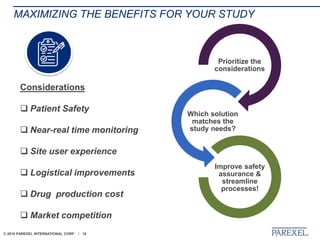 © 2018 PAREXEL INTERNATIONAL CORP. / 18
MAXIMIZING THE BENEFITS FOR YOUR STUDY
Considerations
 Patient Safety
 Near-real time monitoring
 Site user experience
 Logistical improvements
 Drug production cost
 Market competition
Prioritize the
considerations
Which solution
matches the
study needs?
Improve safety
assurance &
streamline
processes!
 
