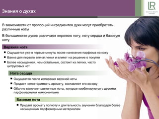 Знания о духах


В зависимости от пропорций ингредиентов духи могут приобретать
различные ноты
В большинстве духов различают верхнюю ноту, ноту сердца и базовую
ноту

Верхняя нота
 Ощущается уже в первые минуты после нанесения парфюма на кожу
 Важна для первого впечатления и влияет на решение о покупке
 Более насыщенная, чем остальные, состоит из легких, часто
  цитрусовых нот

    Нота сердца
     Ощущается после испарения верхней ноты
     Придает неповторимость аромату, составляет его основу
     Обычно включает цветочные ноты, которые комбинируются с другими
      парфюмерными компонентами

        Базовая нота
         Придает аромату полноту и длительность звучания благодаря более
          насыщенным парфюмерным материалам
 