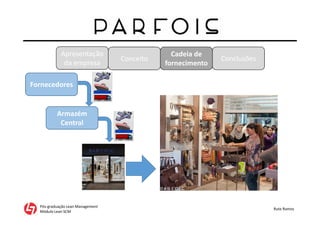 Apresentação
da empresa
Pós-graduação Lean Management
Módulo Lean SCM
Rute Ramos
Conceito
Cadeia de
fornecimento
Conclusões
Fornecedores
Armazém
Central
 