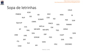 Sopa de letrinhas
CMMi
RUP
XP
MPS.br
MR MPS MA MPS
SCAMPI ISO
UML
OO
DDS
OpenUP
SCRUM FDD
TDD
PMI
PMMM
OPM3
PMCD
CVS
SVN
SOA
SAASITIL
CobIT
SLA
MDAMVCBD
ERPCRM
BI
SCM
XML
PMBOK
SLM
CDU
SQL
STING Software Engineering Glossary
http://www.apl.jhu.edu/Notes/Hausler/web/glossary.html
ACM
CRUD
API
CAD
CASE
COCOMO
APF
CM
PARFOR / UFRPE
 