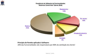 Princípio de Paretto aplicado à Software:
20% das funcionalidades são responsáveis por 80% da satisfação do cliente!
PARFOR / UFRPE
 