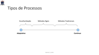 Tipos de Processos
ContínuoAdaptativo
Métodos Ágeis Métodos TradicionaisEsculhambação
PARFOR / UFRPE
 