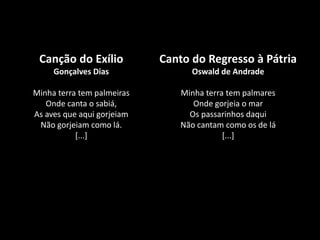 Canto do Regresso à Pátria
Oswald de Andrade
Minha terra tem palmares
Onde gorjeia o mar
Os passarinhos daqui
Não cantam como os de lá
[...]
Canção do Exílio
Gonçalves Dias
Minha terra tem palmeiras
Onde canta o sabiá,
As aves que aqui gorjeiam
Não gorjeiam como lá.
[...]
 