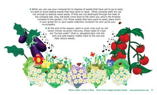 l While you can use your compost bin to dispose of weeds that have yet to go to seed,
 it’s best to avoid adding weeds that have gone to seed. (Most compost piles are not
    hot enough to destroy weed seeds. If they are not destroyed through the heat of
       the compost pile, they will likely come back to life when you return the finished
         compost to the garden.) For those weeds that have gone to seed, place them
           in your green bin or yard waste collection container for pick up by your
              municipality.
              l At the end of the season, plant a cover crop such as red
                clover. Known as green manures, these types of crops
                  are “turned under” (that is, ploughed back into the
                    soil) and add organic matter back to the soil and
                       help reduce weeds.




                                    Plant a Row • Grow a Row   Grow Your Veggie Garden Guide   www.growarow.org   21
 