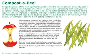 Compost-a-Peel
Composting is one of the most significant ways to reduce the amount of waste created by each of
us and to create a wonderful soil amendment for your garden. Composting can benefit your soil
and plants in many ways. It increases the soil’s organic matter content and its’ moisture-holding
capacity. Compost improves soil porosity and helps to control soil erosion. It also enhances plant
and flower growth and helps plants develop a sound root structure. Use it on your lawn, in your
garden, around trees or combine it with potting soil for your plants.
                            Home composting can be done with the use of either a “build your
                            own” or commercial unit such as the Earth Machine, often available
                            through your municipality. It’s always good to give your municipal
                            recycling department a call to find out what support materials they
                            might be able to offer you as you begin your composting journey.
                            Composting is basically the recycling of organic materials. Anything
                            that used to be a living entity, be it a carrot, leaves or an apple, can
                            be recycled through the composting process.
                            To make composting happen, you need to put a basic recipe into
                            action. For backyard composting, the two best sources of these
                            ingredients can be found in your kitchen and your garden. The
                            ingredients come from two categories: the “greens” and the
                            “browns.”
                            Common “greens” are materials like fruit and vegetable trimmings,
                            tea leaves, coffee grounds, prunings from plants and grass clippings.
                            Browns include dried leaves, coffee filters, shredded paper and small
                            branches.



22   Plant a Row • Grow a Row   Grow Your Veggie Garden Guide   www.growarow.org
 