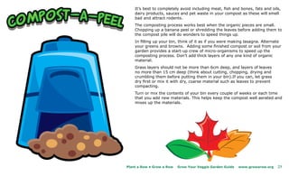 It’s best to completely avoid including meat, fish and bones, fats and oils,
    dairy products, sauces and pet waste in your compost as these will smell
    bad and attract rodents.
    The composting process works best when the organic pieces are small.
    Chopping up a banana peel or shredding the leaves before adding them to
    the compost pile will do wonders to speed things up.
    In filling up your bin, think of it as if you were making lasagna. Alternate
    your greens and browns. Adding some finished compost or soil from your
    garden provides a start-up crew of micro-organisms to speed up the
    composting process. Don’t add thick layers of any one kind of organic
    material.
    Grass layers should not be more than 6cm deep, and layers of leaves
    no more than 15 cm deep (think about cutting, chopping, drying and
    crumbling them before putting them in your bin).If you can, let grass
    dry first or mix it with dry, coarse material such as leaves to prevent
    compacting.
    Turn or mix the contents of your bin every couple of weeks or each time
    that you add new materials. This helps keep the compost well aerated and
    mixes up the materials.




Plant a Row • Grow a Row   Grow Your Veggie Garden Guide   www.growarow.org   23
 