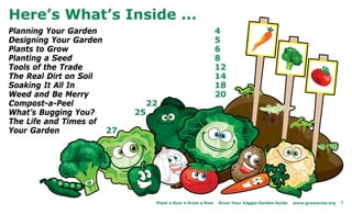 Here’s What’s Inside ...
Planning Your Garden                                        4
Designing Your Garden                                       5
Plants to Grow                                              6
Planting a Seed                                             8
Tools of the Trade                                          12
The Real Dirt on Soil                                       14
Soaking It All In                                           18
Weed and Be Merry                                           20
Compost-a-Peel                  22
What’s Bugging You?        25
The Life and Times of
Your Garden           27




                                 Plant a Row • Grow a Row   Grow Your Veggie Garden Guide   www.growarow.org   3
 