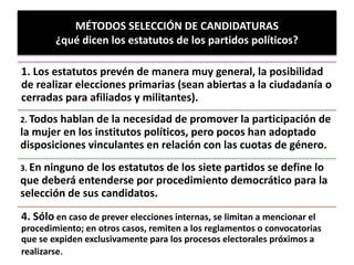 MÉTODOS SELECCIÓN DE CANDIDATURAS
¿qué dicen los estatutos de los partidos políticos?
1. Los estatutos prevén de manera muy general, la posibilidad
de realizar elecciones primarias (sean abiertas a la ciudadanía o
cerradas para afiliados y militantes).
2. Todos hablan de la necesidad de promover la participación de
la mujer en los institutos políticos, pero pocos han adoptado
disposiciones vinculantes en relación con las cuotas de género.
3. En ninguno de los estatutos de los siete partidos se define lo
que deberá entenderse por procedimiento democrático para la
selección de sus candidatos.
4. Sólo en caso de prever elecciones internas, se limitan a mencionar el
procedimiento; en otros casos, remiten a los reglamentos o convocatorias
que se expiden exclusivamente para los procesos electorales próximos a
realizarse.
 