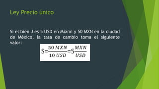 Ley Precio único
Si el bien J es 5 USD en Miami y 50 MXN en la ciudad
de México, la tasa de cambio toma el siguiente
valor:
 