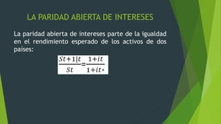 LA PARIDAD ABIERTA DE INTERESES
La paridad abierta de intereses parte de la igualdad
en el rendimiento esperado de los activos de dos
países:
 