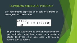 LA PARIDAD ABIERTA DE INTERESES
Si el rendimiento esperado en el país local frente al
extranjero, se observa que:
Se presenta: sustitución de activos internacionales
por nacionales, esto lleva a que se aumente la
oferta de divisas en el país local, y la tasa de
cambio spot se aprecie.
 