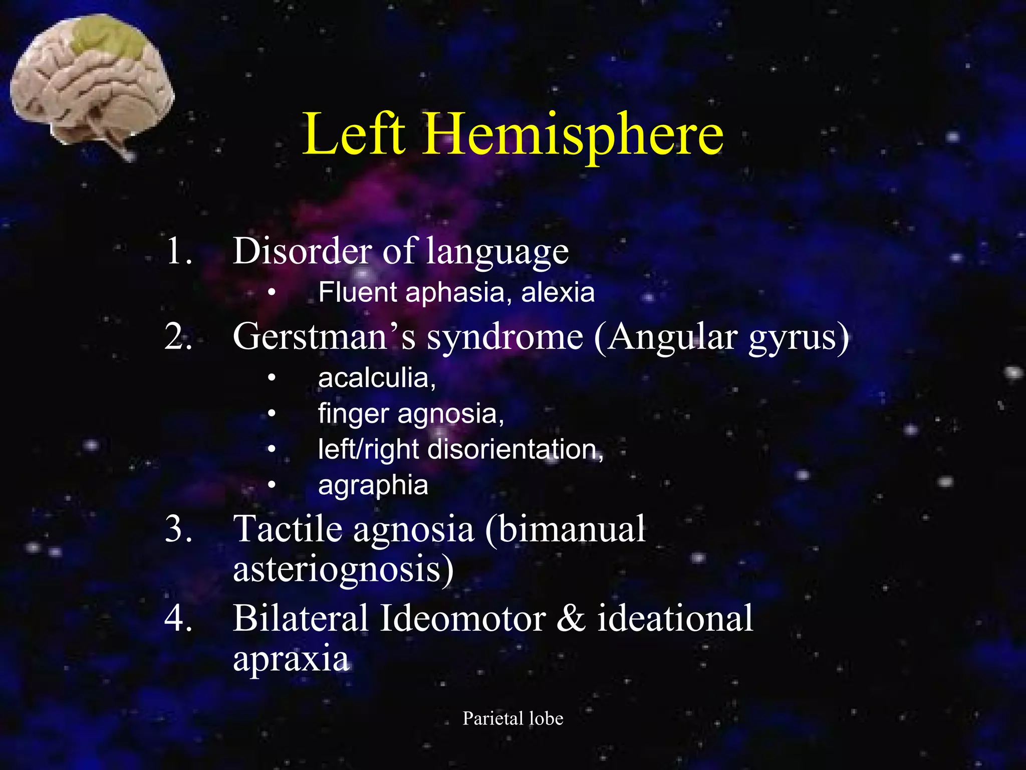 Left Hemisphere Disorder of language Fluent aphasia,  alexia Gerstman’s syndrome (Angular gyrus) acalculia,  finger agnosia,  left/right disorientation, agraphia Tactile agnosia (bimanual asteriognosis) Bilateral Ideomotor & ideational apraxia 