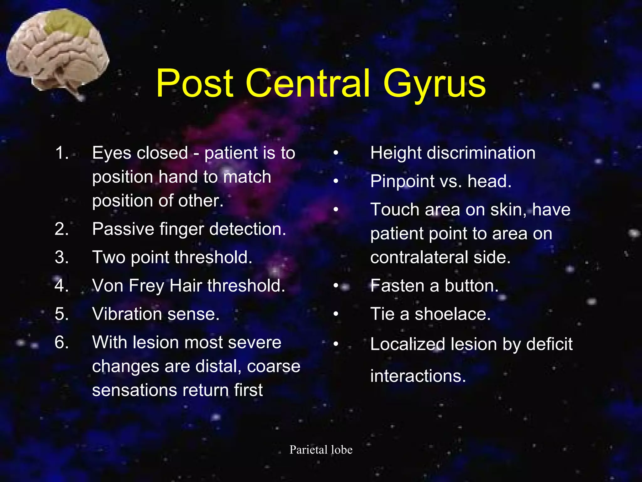 Post Central Gyrus Eyes closed - patient is to position hand to match position of other.  Passive finger detection.  Two point threshold.  Von Frey Hair threshold.  Vibration sense.  With lesion most severe changes are distal, coarse sensations return first Height discrimination Pinpoint vs. head. Touch area on skin, have patient point to area on contralateral side. Fasten a button. Tie a shoelace. Localized lesion by deficit interactions.   