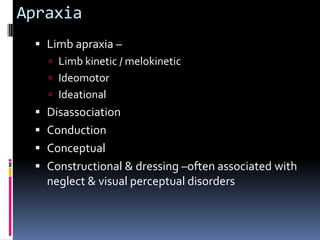 Constructional ability DrawingShort term auditory memoryOptic radiation passes to Occipital Lobe via deep region . Lesion  ---VF defectsAngular & supramarginal gyri of dominant hemisphere – imp in language & related functions