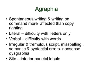 Agraphia
• Spontaneous writing & writing on
command more affected than copy
righting
• Literal – difficulty with letters only
• Verbal – difficulty with words
• Irregular & tremulous script, misspelling ,
semantic & syntactial errors- nonsense
dysgraphia
• Site – inferior parietal lobule
 