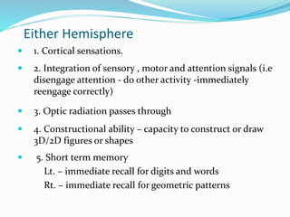 Either Hemisphere 
 1. Cortical sensations. 
 2. Integration of sensory , motor and attention signals (i.e 
disengage attention - do other activity -immediately 
reengage correctly) 
 3. Optic radiation passes through 
 4. Constructional ability – capacity to construct or draw 
3D/2D figures or shapes 
 5. Short term memory 
Lt. – immediate recall for digits and words 
Rt. – immediate recall for geometric patterns 
 