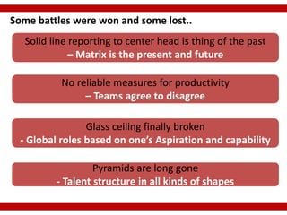 Some battles were won and some lost..
   Solid line reporting to center head is thing of the past
              – Matrix is the present and future

           No reliable measures for productivity
                – Teams agree to disagree

                 Glass ceiling finally broken
  - Global roles based on one’s Aspiration and capability

                   Pyramids are long gone
          - Talent structure in all kinds of shapes
 